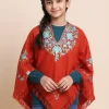 Rust Winter Poncho with Aari Embroidery for Kids - Parvana Collection