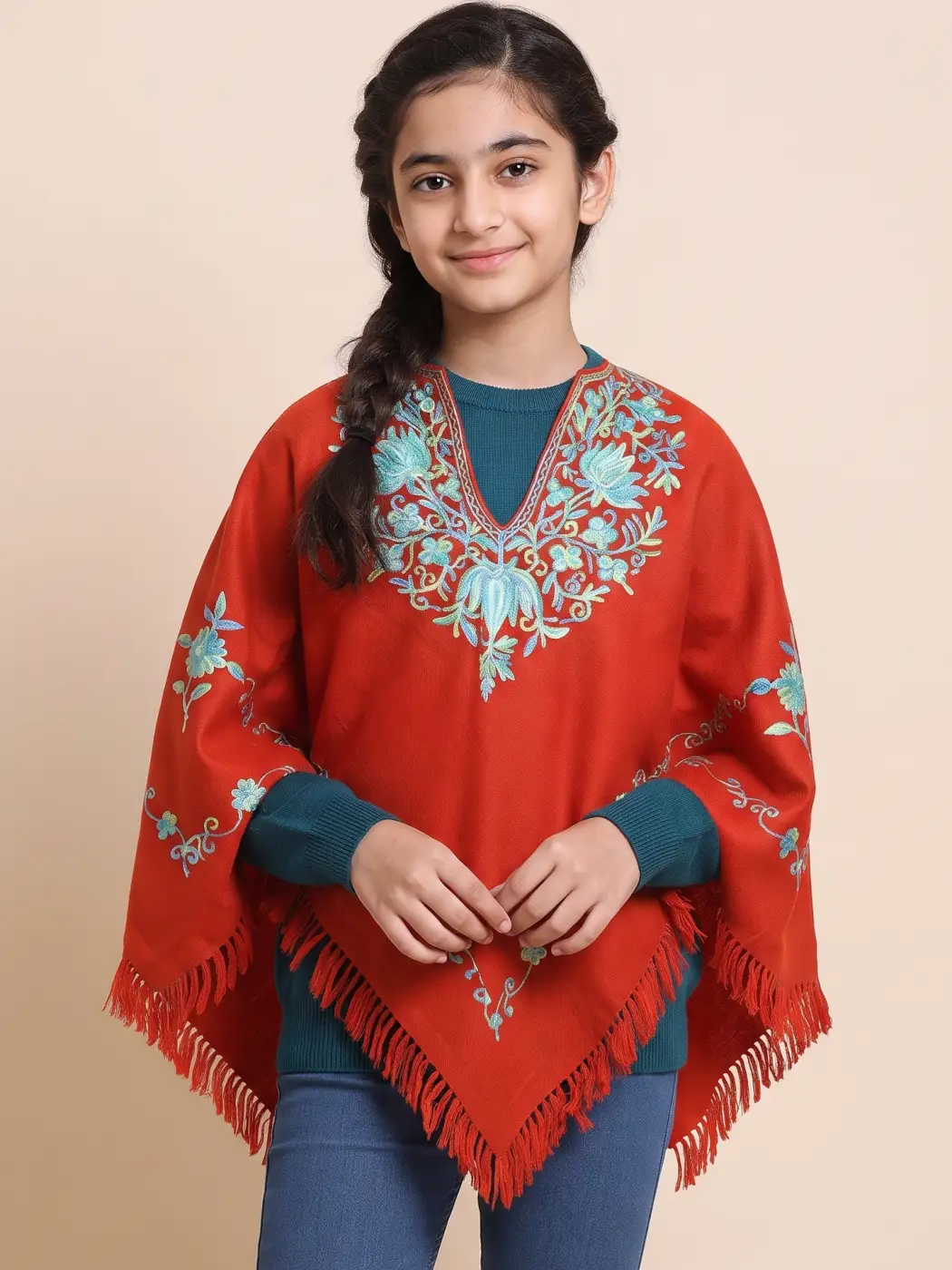 Rust Winter Poncho with Aari Embroidery for Kids - Parvana Collection