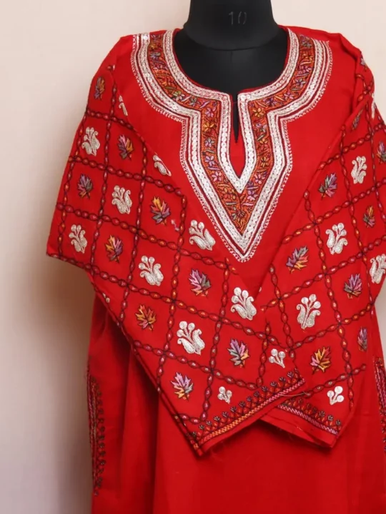 Red Raffal Pheran Highlighted with Hand Sozni and Tilla Embroidered Sleeves - Kohinoor Collection