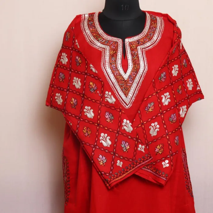 Red Raffal Pheran Highlighted with Hand Sozni and Tilla Embroidered Sleeves - Kohinoor Collection