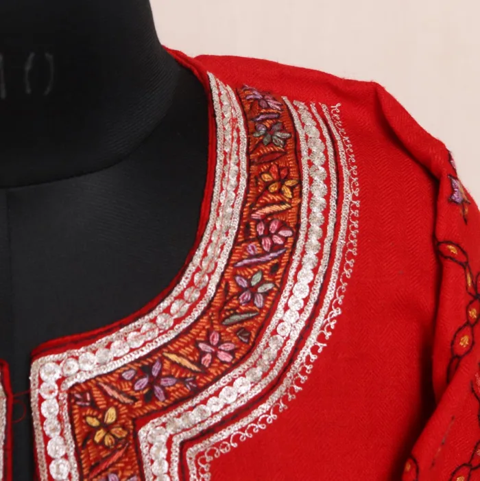 Red Raffal Pheran Highlighted with Hand Sozni and Tilla Embroidered Sleeves - Kohinoor Collection - Image 4