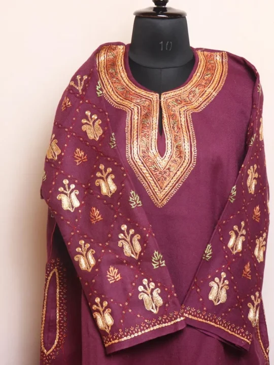 Purple Raffal Pheran with Exquisite Hand Sozni and Tilla Sleeve Embroidery - Kohinoor Collection