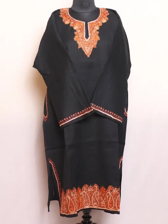 Black Raffal Loose Pheran Featuring Hand Sozni, Tilla, and Heavy Damaan Work (54,44.5) - Kohinoor Collection