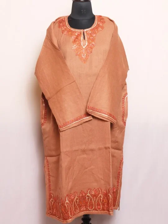 Light Brown Raffal Pheran Adorned with Hand Sozni, Tilla, and Heavy Damaan Embroidery - Kohinoor Collection