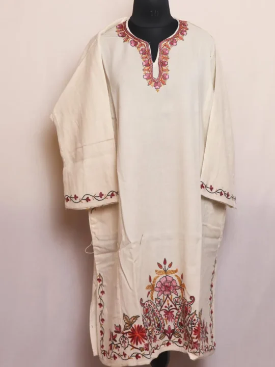 White Raffal Pheran with Hand Aari Embroidery Big Damaan - Kohinoor Collection