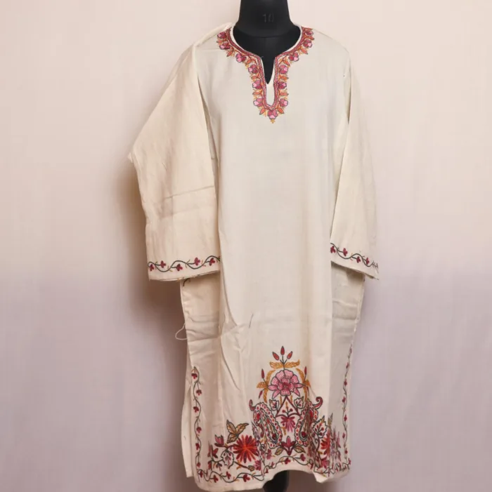 White Raffal Pheran with Hand Aari Embroidery Big Damaan - Kohinoor Collection
