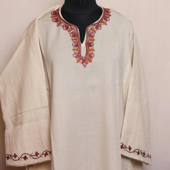 White Raffal Pheran with Hand Aari Embroidery Big Damaan - Kohinoor Collection - Image 2