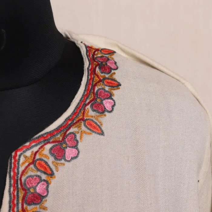 White Raffal Pheran with Hand Aari Embroidery Big Damaan - Kohinoor Collection - Image 4
