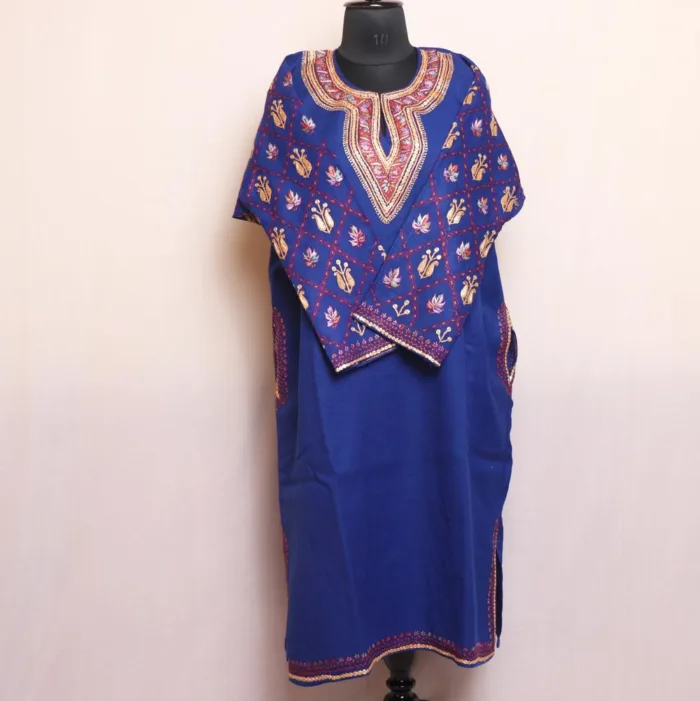 Blue Raffal Pheran with Hand Sozni and Tilla Sleeve Embroidery - Kohinoor Collection - Image 2