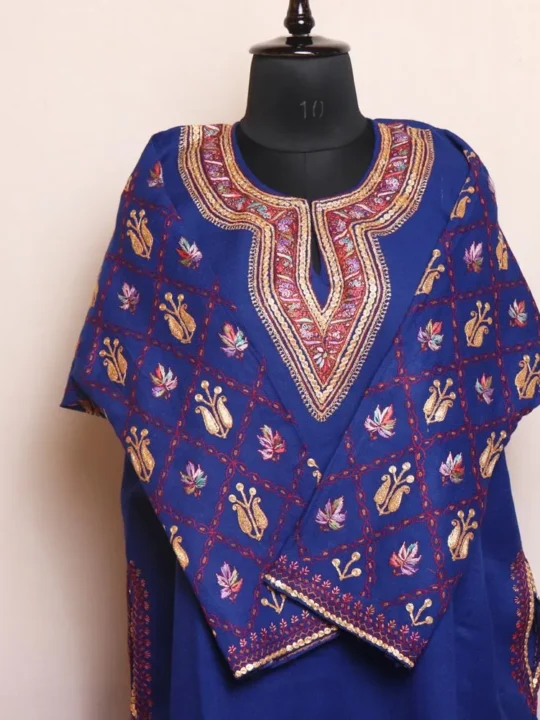 Blue Raffal Pheran with Hand Sozni and Tilla Sleeve Embroidery - Kohinoor Collection