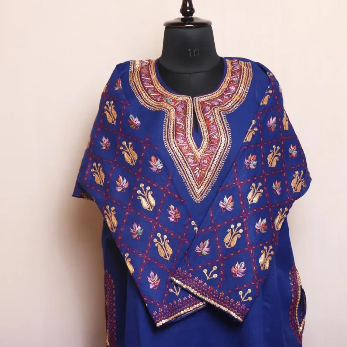 Blue Raffal Pheran with Hand Sozni and Tilla Sleeve Embroidery - Kohinoor Collection