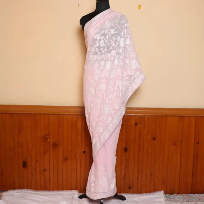 Classic Pinkish Georgette Saree with Chinari Akh Rang Aari Work - Roshe Collection