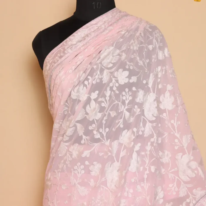 Classic Pinkish Georgette Saree with Chinari Akh Rang Aari Work - Roshe Collection - Image 2