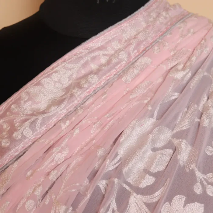 Classic Pinkish Georgette Saree with Chinari Akh Rang Aari Work - Roshe Collection - Image 3