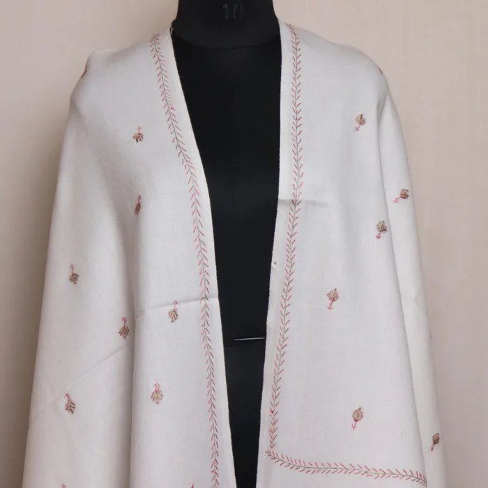 White Handcrafted Cashmilon Wool Shawl with Sozni Detailing - Rutba Collection - Image 2