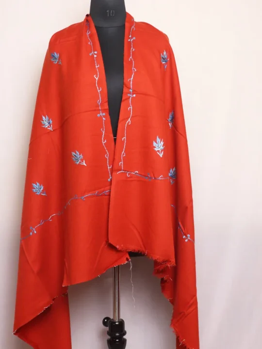 Red Rustic Hand Sozni Embroidered Shawl in Soft Cashmilon Wool - Rutba Collection