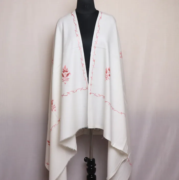 White Cashmilon Wool Shawl withHand Sozni Craftsmanship - Rutba Collection