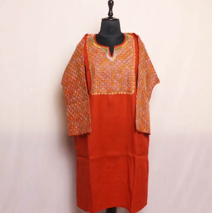 Elegant Rust Orange Raffal Pheran with Cross Design Sleeve and Hand Sozni Embroidery (49,41) - Rehnuma Collection - Image 5