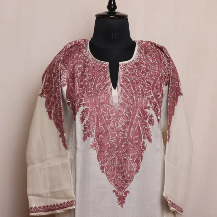 White Raffal Pheran with Front Back Aari Embroidery - Rehnuma Collection