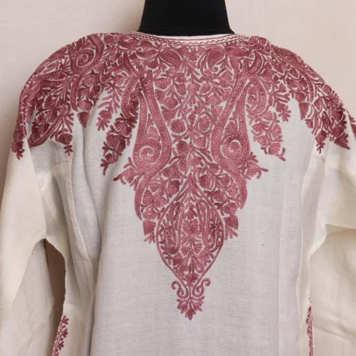 White Raffal Pheran with Front Back Aari Embroidery - Rehnuma Collection - Image 4