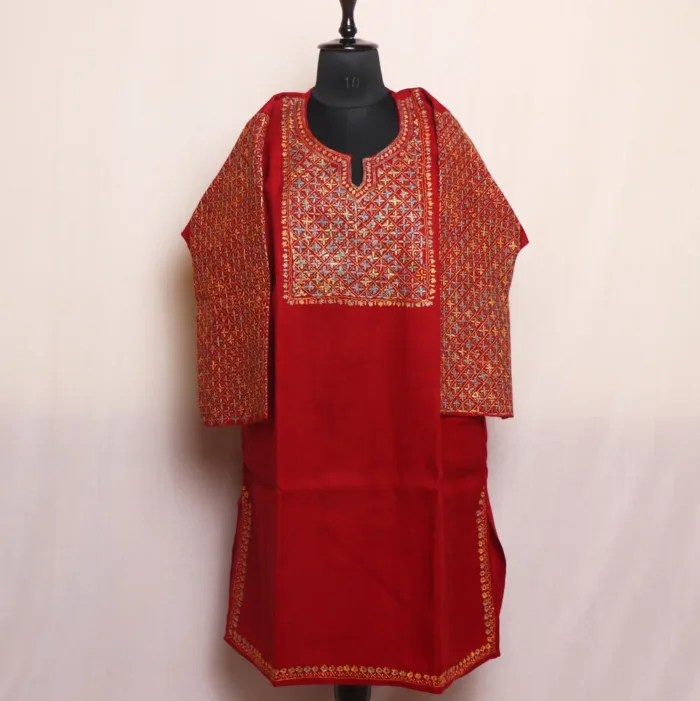 Stylish Red Raffal Pheran with Hand Sozni Embroidery and Cross Design Sleeve - Rehnuma Collection