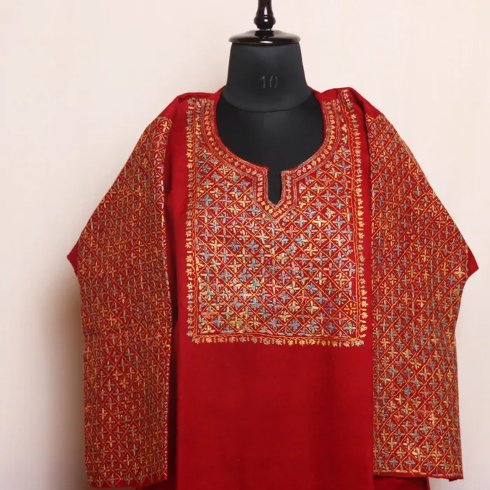 Stylish Red Raffal Pheran with Hand Sozni Embroidery and Cross Design Sleeve - Rehnuma Collection - Image 2