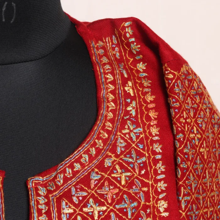 Stylish Red Raffal Pheran with Hand Sozni Embroidery and Cross Design Sleeve - Rehnuma Collection - Image 3