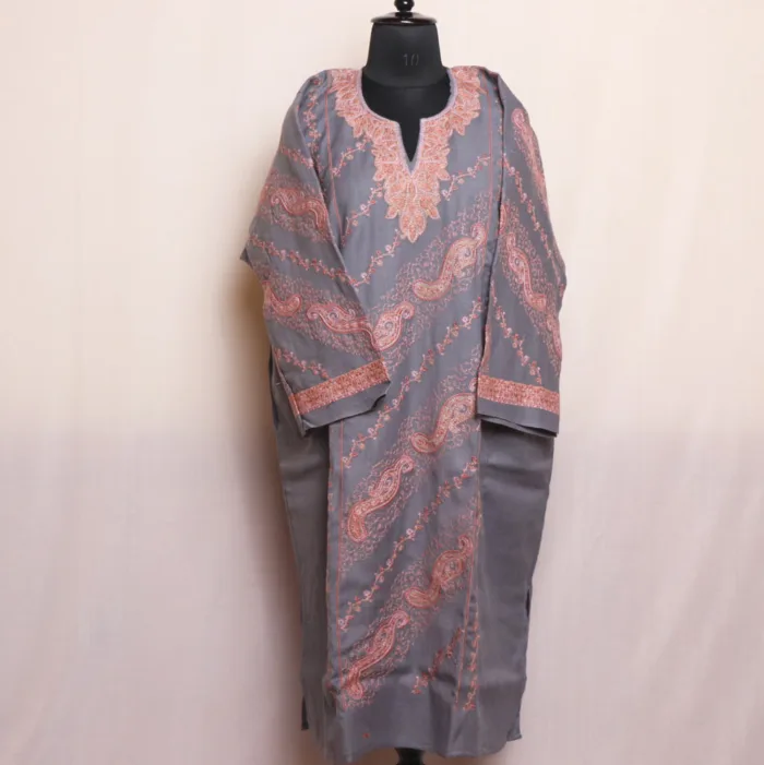 Elegant Count Wool Pheran with Front Panel and Sleeve Sozni Needlework - Khanqah Collection