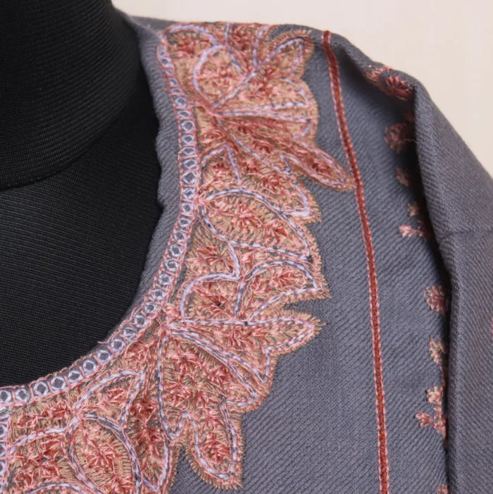 Elegant Count Wool Pheran with Front Panel and Sleeve Sozni Needlework - Khanqah Collection - Image 3
