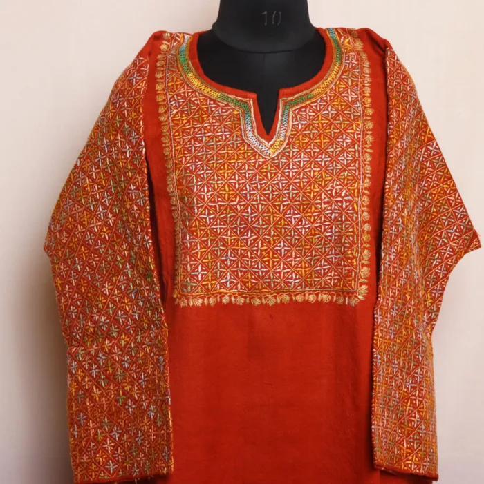 Elegant Rust Orange Raffal Pheran with Cross Design Sleeve and Hand Sozni Embroidery (49,41) - Rehnuma Collection