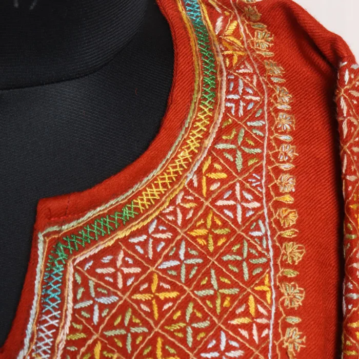 Elegant Rust Orange Raffal Pheran with Cross Design Sleeve and Hand Sozni Embroidery (49,41) - Rehnuma Collection - Image 3