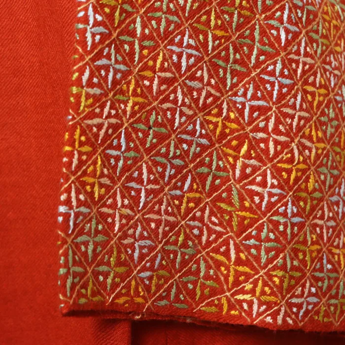 Elegant Rust Orange Raffal Pheran with Cross Design Sleeve and Hand Sozni Embroidery (49,41) - Rehnuma Collection - Image 4