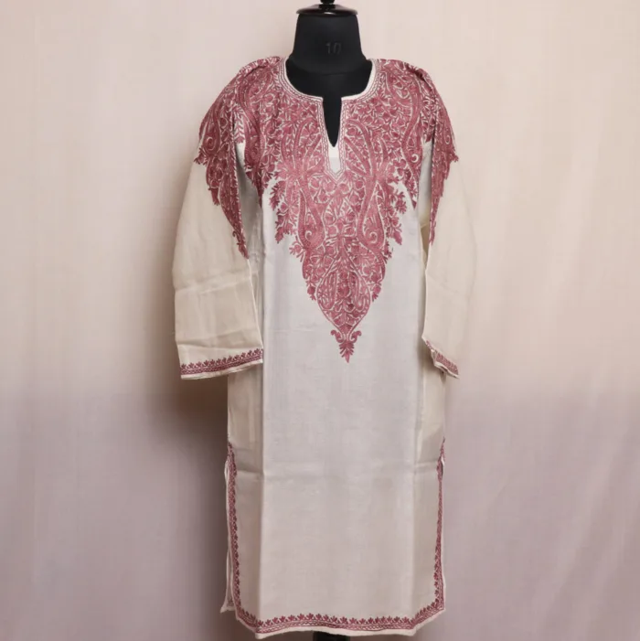 White Raffal Pheran with Front Back Aari Embroidery - Rehnuma Collection - Image 2