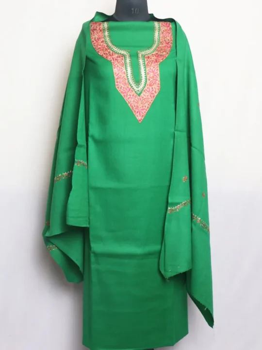 Green 3pc Woolen Paper Machie Handwork Suit with Hand Sozni Embroidery - Bareen Collection