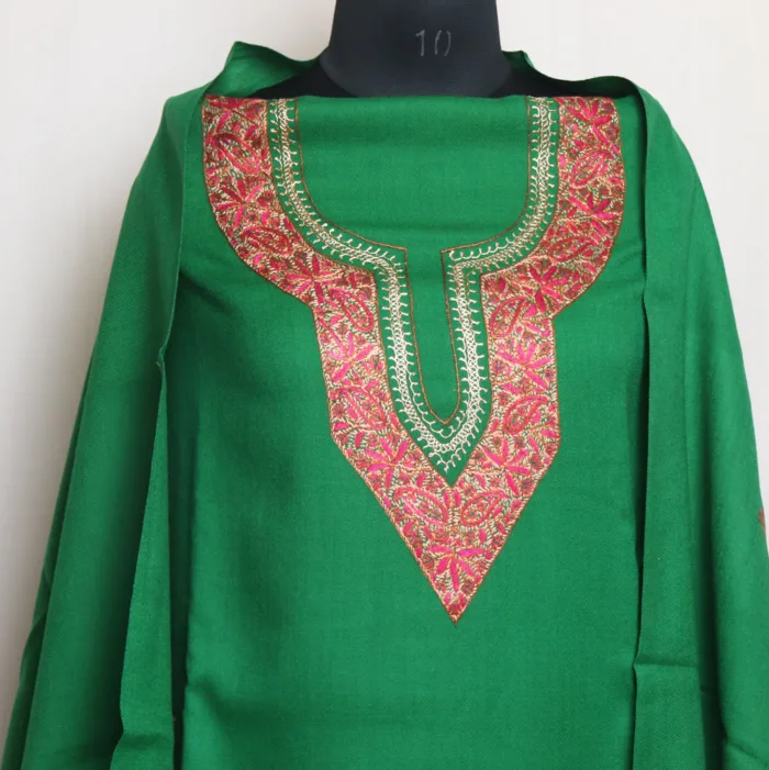 Green 3pc Woolen Paper Machie Handwork Suit with Hand Sozni Embroidery - Bareen Collection - Image 2