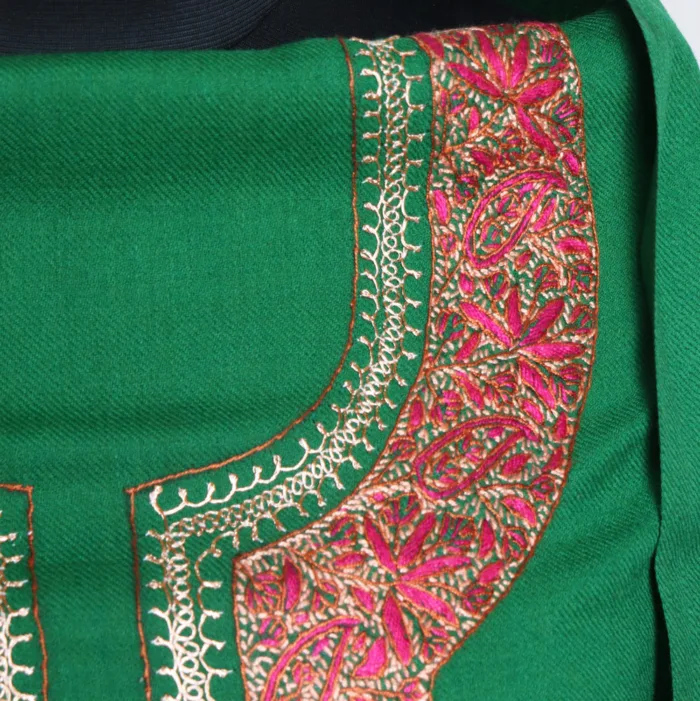 Green 3pc Woolen Paper Machie Handwork Suit with Hand Sozni Embroidery - Bareen Collection - Image 3