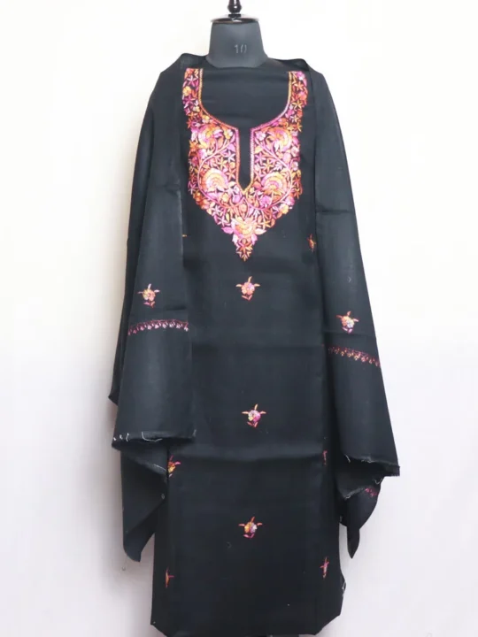 Black 3pc Woolen Suit with Hand Sozni Embroidery and Paper Machie Handwork - Bareen Collection