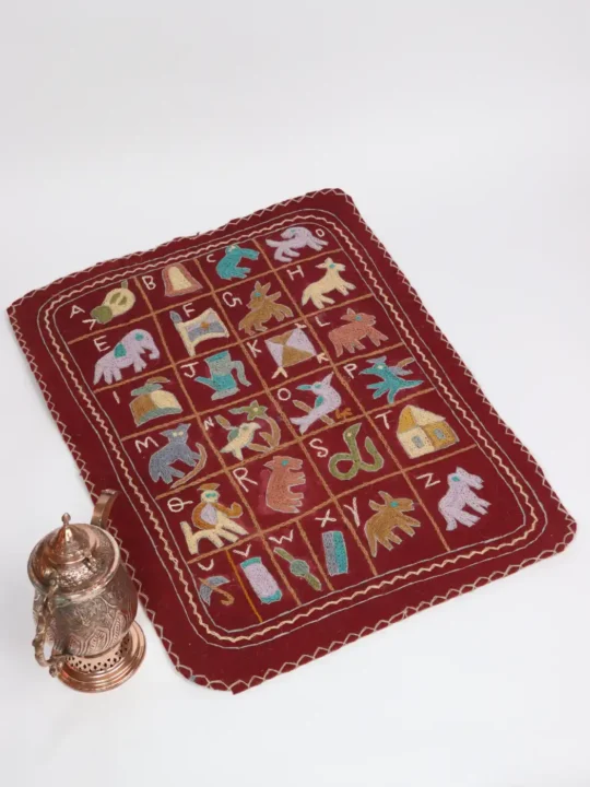 Dark Maroon Alphabet ABCD Kashmiri Hand Embroidered Pure Wool Namda | Nursery Rug | Carpet