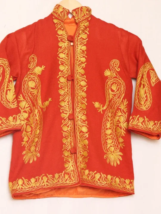Rust Orange Big Paisley Aari Embroidered Cashmilon Kids Coat - Jazeer Collection (L 23)