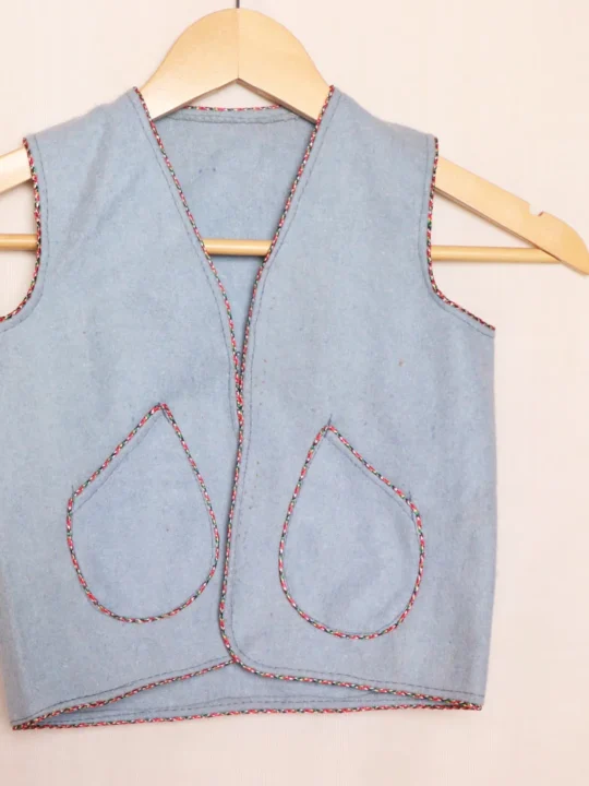 Powder Blue Tweed Pattu Kids Coat (L 15)