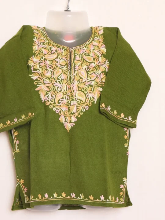 Olive Green Cashmilon Girls Pheran with Beautiful Aari Embroidery - Meesha Collection ( 1-2y)