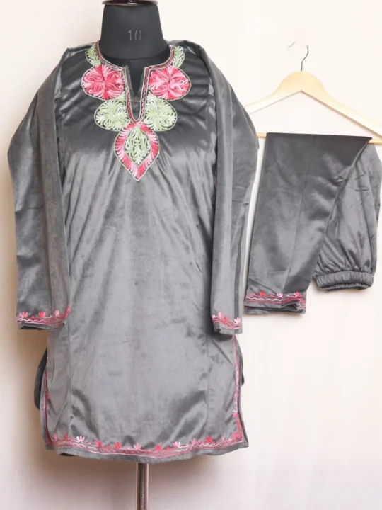Chic Grey Baby Velvet Set with Aari Embroidery - Muneeza Collection(10-11 years)