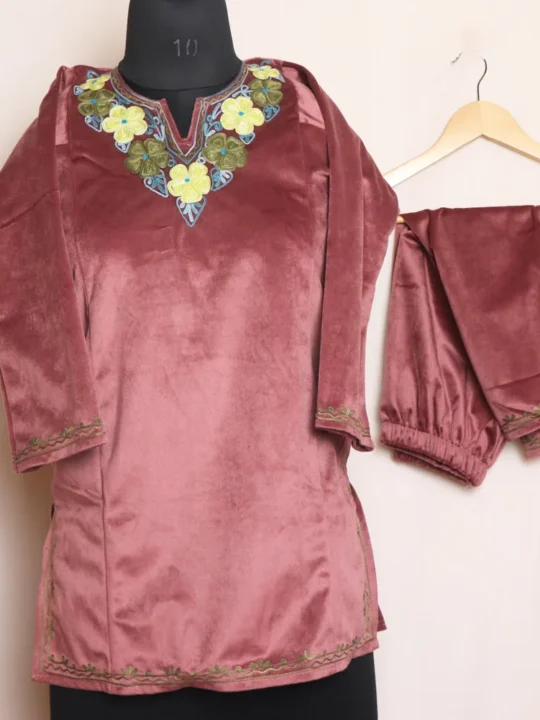 Dark Pink Baby Velvet Set with Elegent Aari Embroidery - Muneeza Collection ( 6- 7 years)