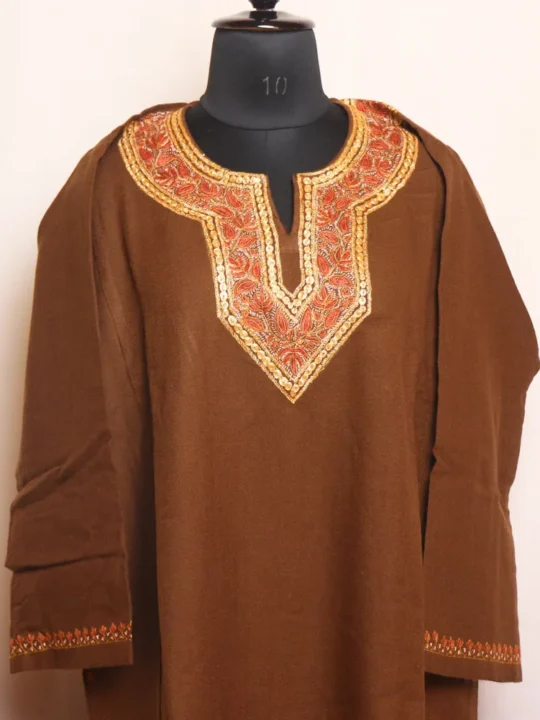 Brown Cashmilon Pheran with Tilla and Hand Sozni Work - Gul Rang Collection