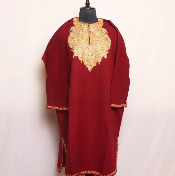 Maroon Hand Aari Pheran in Raffal Fabric - Gul Rang Collection - Image 2