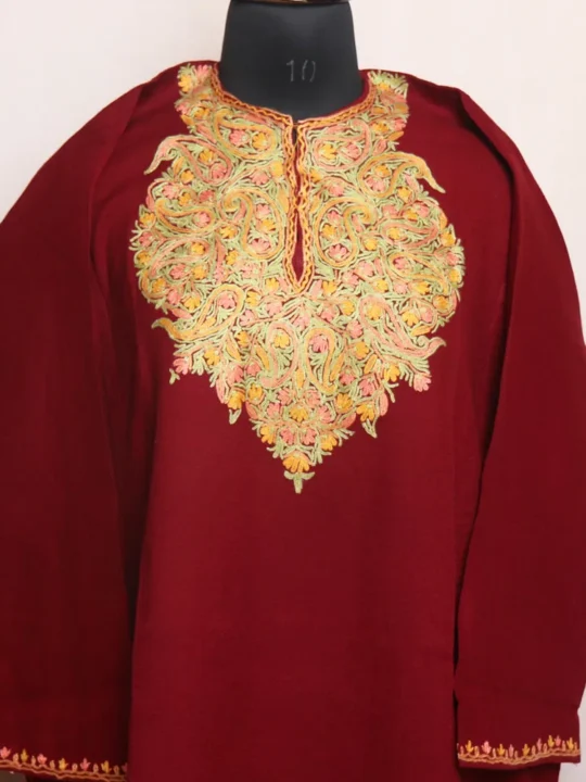 Maroon Hand Aari Pheran in Raffal Fabric - Gul Rang Collection