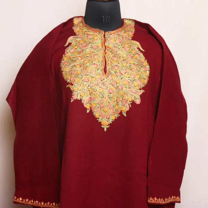 Maroon Hand Aari Pheran in Raffal Fabric - Gul Rang Collection