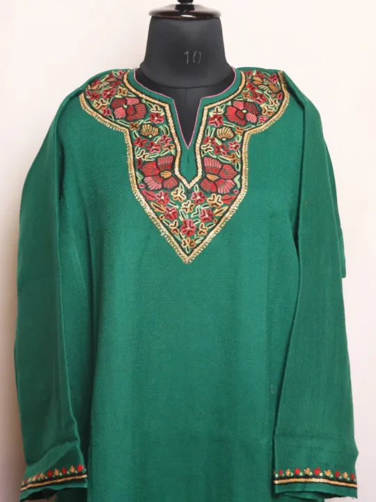 Elegant Green Hand Aari Raffal Pheran with Tilla Outline- Gul Rang Collection