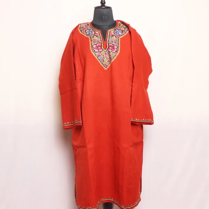 Rust Red Hand Aari and Tilla Embroidered Cashmilon Pheran - Gul Rang Collection - Image 2