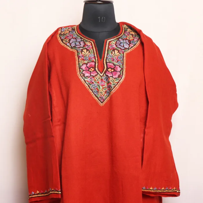 Rust Red Hand Aari and Tilla Embroidered Cashmilon Pheran - Gul Rang Collection